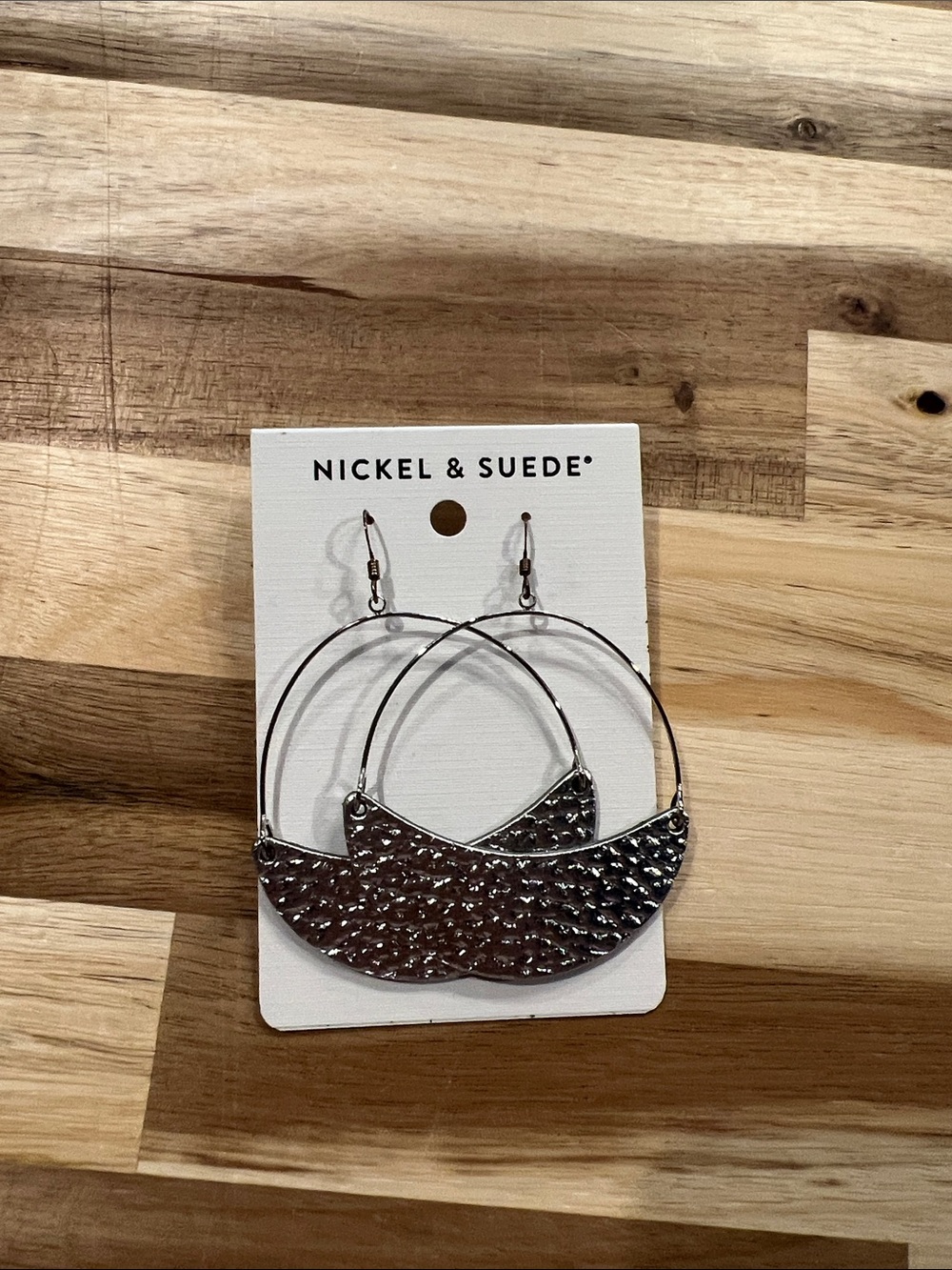 Nickel & Suede Silver Hammered Crescent Hoop Earrings